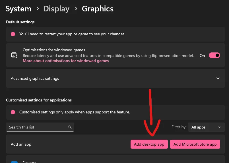 Adding a desktop app in Windows’ graphics settings