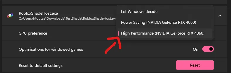 GPU preference set to the RTX card