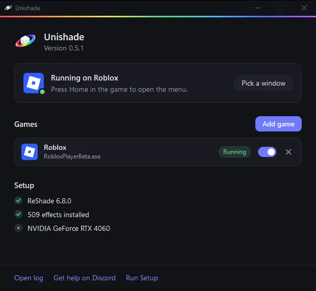 The Unishade window running on a game