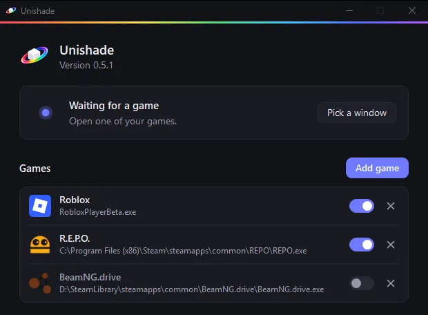 The Unishade window with three saved games