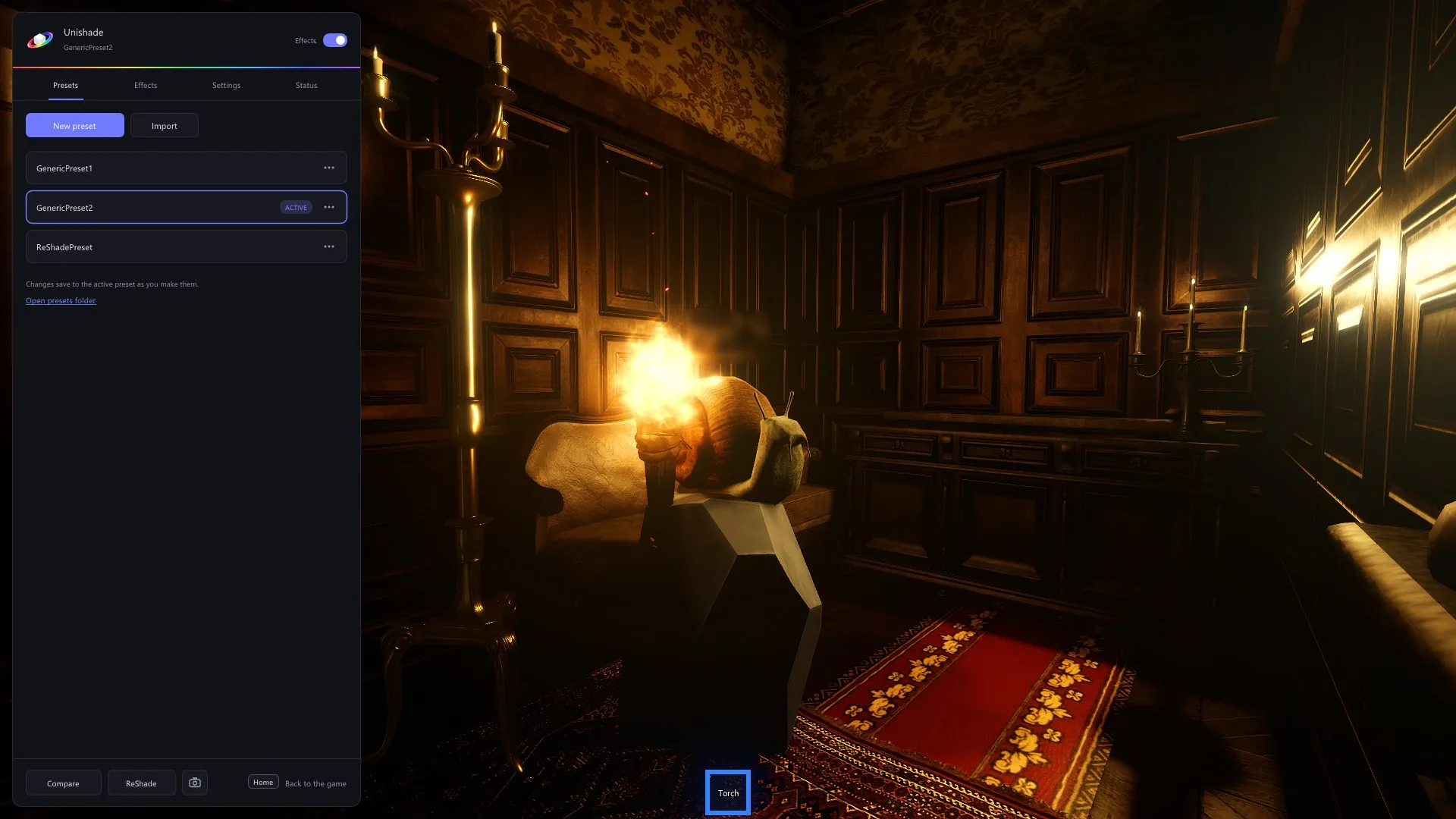 The menu’s Presets tab over the game
